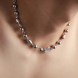 Elegant silver bead necklace with opal gemstones on neck, minimalist luxury design for men and women