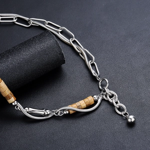 Industrial style titanium steel necklace with snake chain and natural stone beads
