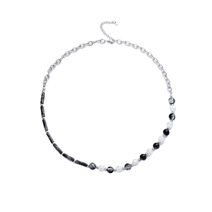 Unisex dark marble beaded necklace with silver chain link, minimalist hip hop style