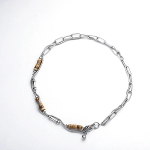 Double-layered titanium steel necklace with wood beads and silver bell pendant