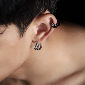 Men's minimalist stainless steel double ring ear cuff set in silver and black mirror finish
