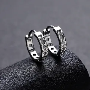 Men Silver Plated Hollow Chain Link Huggie Hoop Earrings Minimalist Geometric Copper Earring Post Niche Design Jewelry For Daily Wear