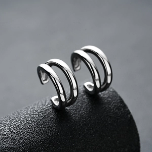 Polished silver double-layer C-shaped ear cuffs with minimalist hip-hop design