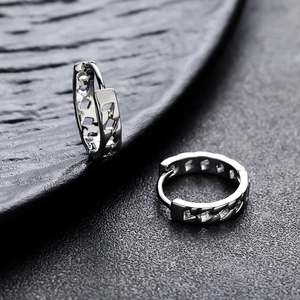 Unisex silver cuban link hoop earrings with polished metal chain design and clasp