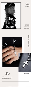 Detailed view of long gothic irregular cross pendant in silver stainless steel on model