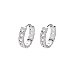 Minimalist silver hoop earrings with classic cuban chain link design on white background