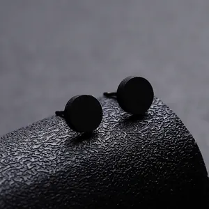 Minimalist Matte Black Round Stud Earrings For Men Silver Plated Geometric Circle Piercing Jewelry Modern Stylish Cool Accessory