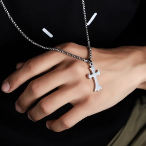 Irregular silver gothic cross pendant necklace with box chain for men and women