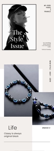 Macro shot of minimalist hematite bead bracelet with blue evil eye amulet charms