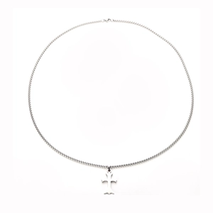 Gothic style irregular silver cross pendant with box chain on minimalist white background