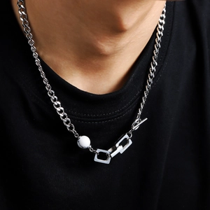 Minimalist Titanium Steel Men Necklace Vintage Marble Texture Natural Stone Bead Cuban Chain Geometric Pendant OT Clasp Jewelry