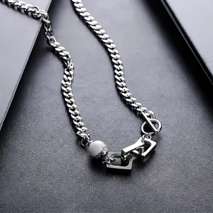 Unisex titanium steel curb chain necklace with marble bead and silver OT clasp