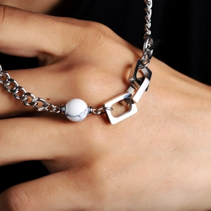 Minimalist silver chain necklace with geometric frames and white marble stone bead