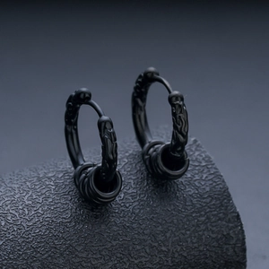 Mens vintage black stainless steel hoop earrings with embossed spiral pattern design