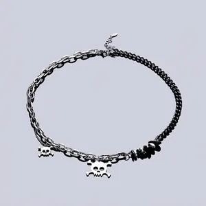 Titanium Steel Skull Pendant Spliced Chain Necklace Punk Gothic Splicing Beaded Street Accessory For Men Women Jewelry