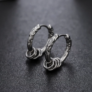 Vintage silver punk hoop earrings with engraved texture and triple ring pendants for men