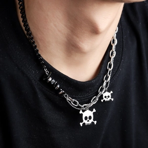 Double-layer gothic punk skull necklace with black and silver chains for men and women