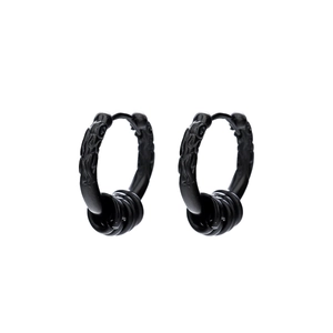 Retro black matte hoop earrings with textured relief and sliding rings for men and women