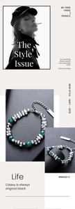 Dettaglio di perline di malachite e cubi in metallo argentato su un bracciale vintage
