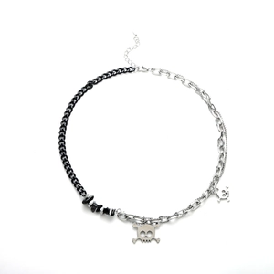 Punk style skull pendant necklace with mixed black and silver bead chain for men and women