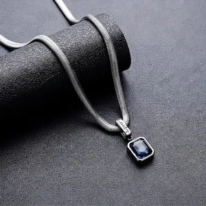 Titanium Steel Blue Rhinestone Pendant Necklace Silver Herringbone Chain Lucky Engraved Geometric Jewelry For Men Women Gift