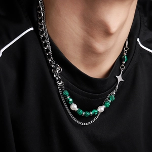 Stainless Steel Layered Necklace With Green Malachite Beads Imitation Artificial Pearl Star Pendant Trendy Street Style Jewelry Unisex
