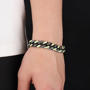 Hip-Hop-Panzerarmband mit schwarzen Gliedern, gelber Emaille und Zirkonia-Steinen