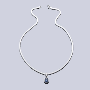Titanium steel snake chain necklace with rectangle blue gemstone and Lucky engraving