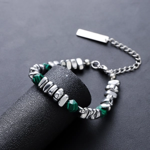 Bracciale in Acciaio Inossidabile con Pietra Malachite e Argento Rotto per Uomo Donna Unisex Stile Industriale Retro