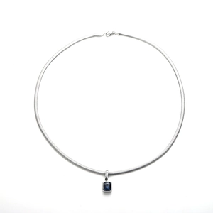 Silver snake chain necklace with a dark blue rectangle gemstone and Lucky engraving