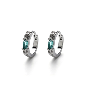 Minimalist silver hoop earrings with marquise-cut green gemstone and micro-pavé zircons