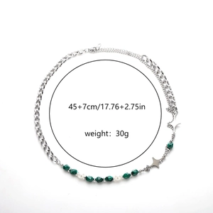 Cross star necklace with green malachite beads and pearls, adjustable 45+7cm chain