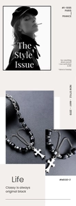 Détail des perles noires carrées et du pendentif croix en argent sur collier en titane