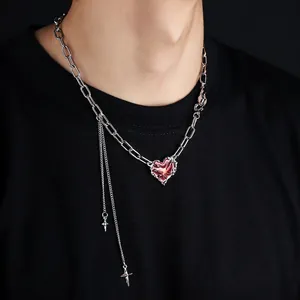 Collier Multicouche en Acier Inoxydable Gothic Punk Avec Pendentif Cœur Rouge Croix Larme Bijoux de Mode de Rue Homme Femme