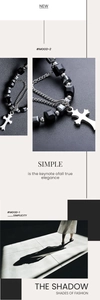 Détail du collier croix avec perles facettées noires et doubles chaînes en acier fin