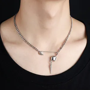 Punk Safety Pin Rivet Necklace Unisex Silver Alloy Heart Spike Pendant Chain Hip Hop Streetwear Fashion Jewelry Trendy Gift