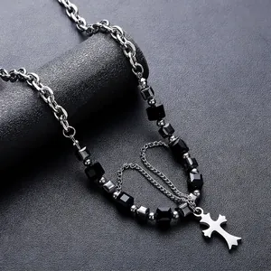 Collier Double Couche en Acier Titane Hip Hop pour Hommes Femmes Croix Gothique Géométrique Perle Noire Patchwork Bijoux Cadeau