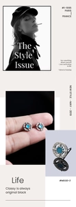 Macro detail of silver compass earrings with turquoise inlay shown on model and still life