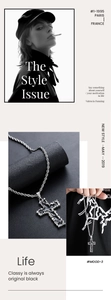 Vue détaillée du collier croix gothique avec bords texture roche et chaîne torsadée