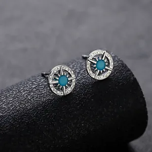 Vintage Silver Plated Copper North Star Stud Earrings With Silver Earring Post Compass Design Teal Rhinestone Unisex Jewelry