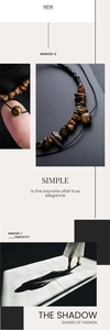 Detailed view of irregular tiger eye stone necklace with black beads in a mood board layout