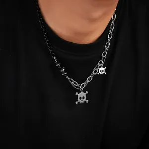 Punk Skull Pendant Splicing Bead Necklace For Men Women Titanium Steel Gothic Hip Hop Chunky Chain Fashion Jewelry Accessory
