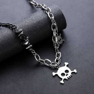 Gothic skull pendant necklace with mixed stainless steel chains and black stone beads