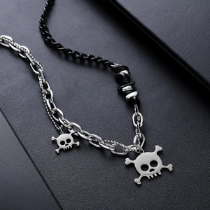 Punk skull asymmetric necklace with mixed titanium steel silver chains and black Cuban links
