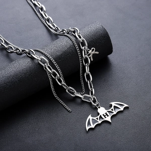 Collier punk double couche en acier inoxydable avec pendentif chauve-souris et lettre H