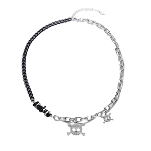 Punk style mixed chain necklace with skull pendants and black stones in titanium steel
