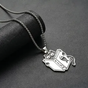 Collier Pendentif Chat Lisant Dessin Animé Bijoux en Acier Inoxydable Hommes Femmes Livre Poisson Goutte d'Huile Accessoire