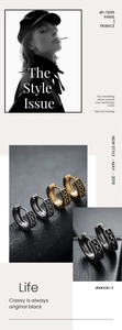 Detail view of gold and silver stainless steel hoop earrings with black chain pattern