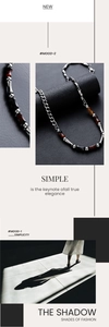 Detail of bamboo joint agate and Cuban chain necklace in minimalist industrial style