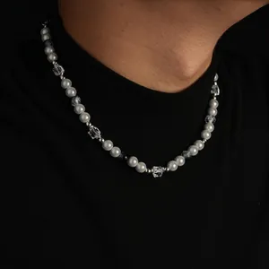 Collier De Künstliche Perles Avec Künstliche Perles D'imitation Acier Titane Cristal Transparent Künstliche Perles Marbrées Bijoux Hip Hop Tendance Pour Hommes Femmes